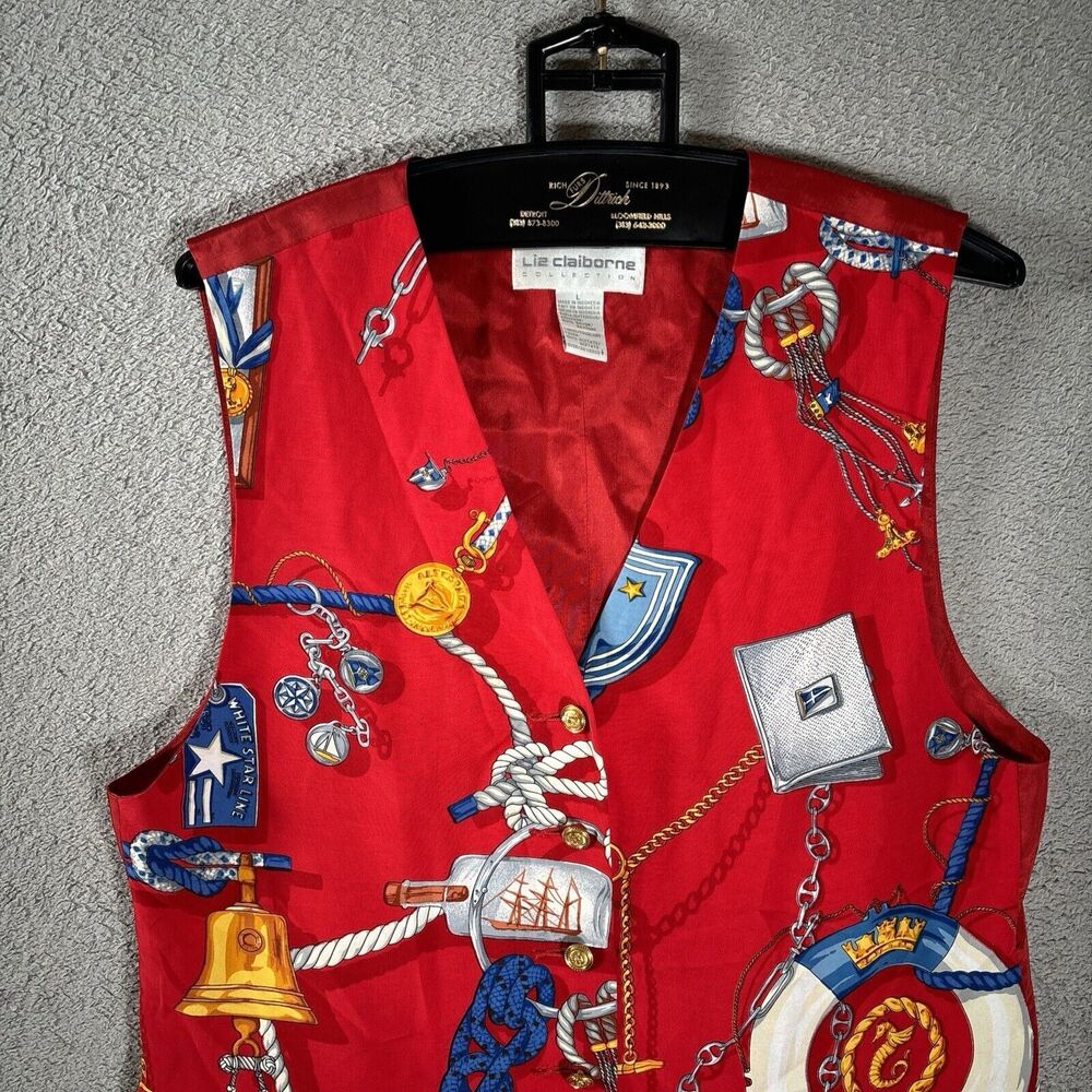 LIZ CLAIBORNE COLLECTION WOMENS RED NAUTICAL‎ SATIN VEST, SZ L 90s - Picture 2 of 9